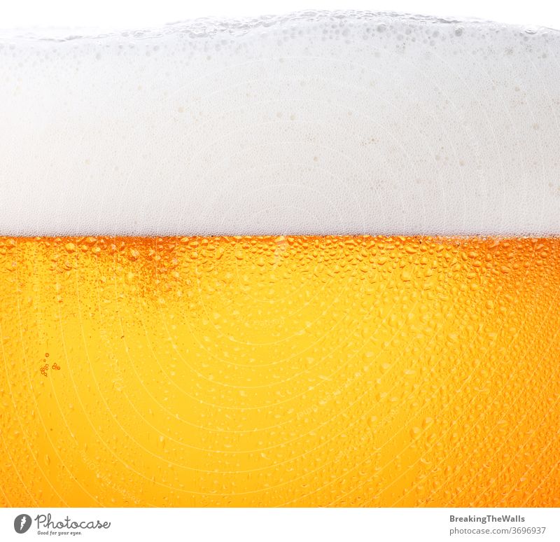 Nahaufnahme des Hintergrunds von Bier mit Blasen im Glas Bierschaum Gießen frostig frisch Lagerbier Tropfen Seite Ansicht tiefstehend Winkel Textur Becher groß