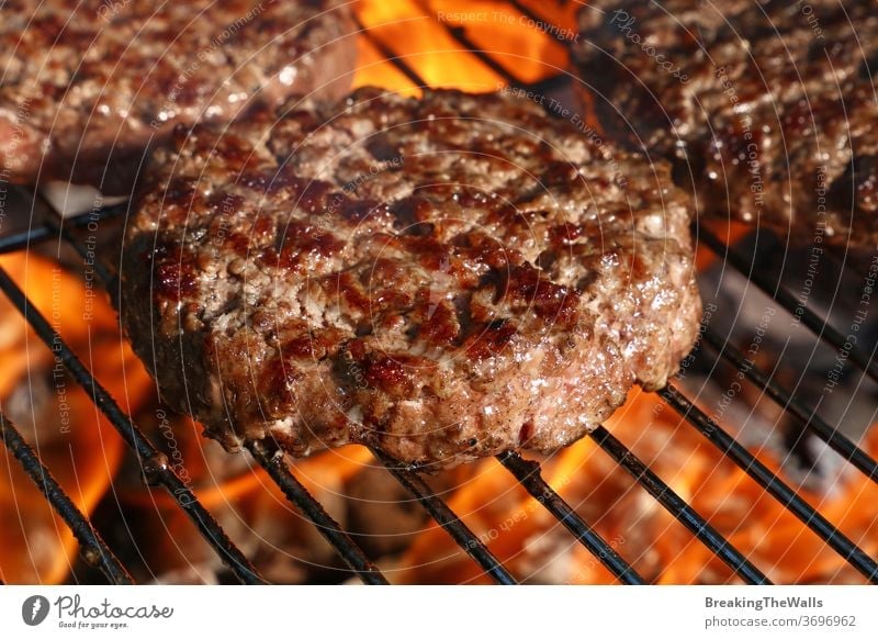 Rindfleisch-Burger für Hamburger auf dem Flammengrill Grillrost Barbecue grillen Feuer Nahaufnahme Essen zubereiten Fleisch Schweinefleisch Saibling gegrillt