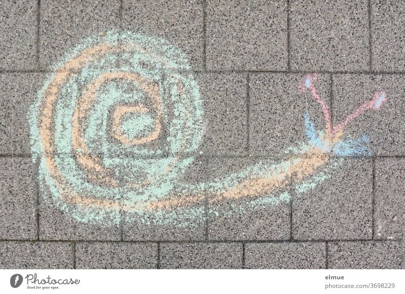 Ein Kind hat mit bunter Malkreide eine Schnecke auf das graue Straßenpflaster gemalt Kinderzeichnung Schneckenpost Draufsicht Zeichnung Tier malen Quadtrat rund