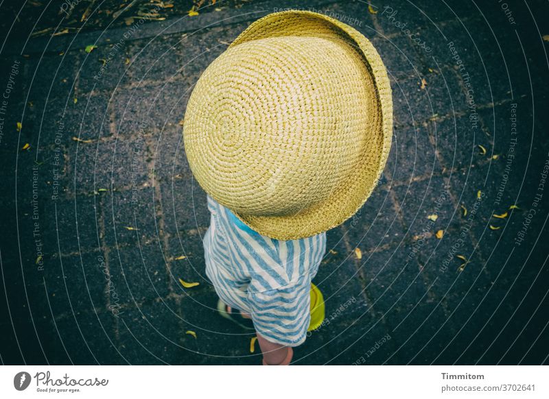 Unternehmungslustiger Junge mit Hut 2-3 Jahre Kind T-Shirt Pflastersteine Außenaufnahme Kindheit Abenteuer Sommer gehen Licht Schatten Draufsicht Naturmaterial