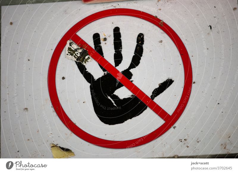 Bitte nicht berühren Hand Piktogramm Verbotsschild dreckig Zeichen Schilder & Markierungen Verbote Hinweisschild durchgestrichen Kreis Symbole & Metaphern