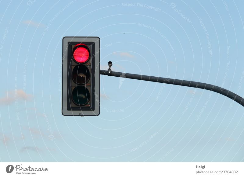 STOP - Ampel mit rotem Signal vor blauem Himmel Lichtsignal Stop warten halten anhalten Signalanlage Verkehr stoppen Außenaufnahme Straßenverkehr
