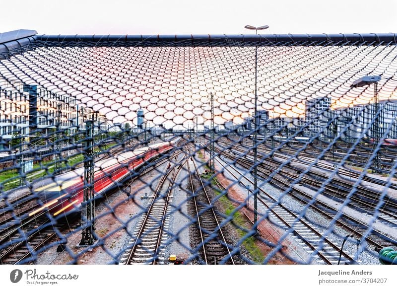 Blick von der Brücke auf viele Zugschienen in der Stadt sonnenuntergang abendlicht Farbfoto zugschienen gleise verkehr Eisenbahn Bahnfahren Verkehrsmittel