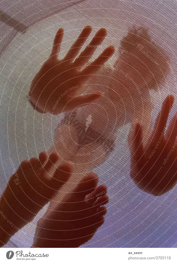Auf dem Trampolin Netz Handstand Mädchen Froschperspektive von unten Sprungtuch ungewöhnlich Hände Fitness Garten Spaß zuhause Urlaub Freizeit Freude Sommer