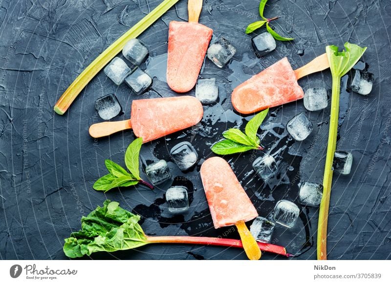Vegetarisches Rhabarber-Eis Speiseeis Minze kleben Sommer selbstgemacht Dessert süß Lebensmittel Eisbecher kalt gefroren Eiscreme natürlich Rhabarber-Eiscreme