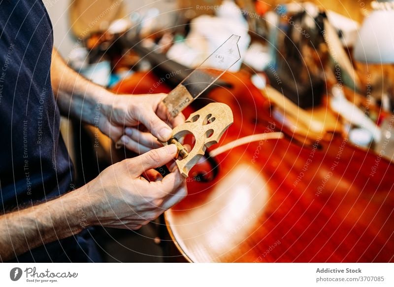 Geigenbauer mit Geigensteg in der Werkstatt Zupfinstrumentenmacher Brücke Instrument Reparatur machen Kunstgewerbler wiederherstellen Mann Handwerk Werkzeug
