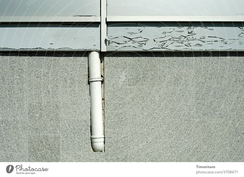 Kunst am Bau Fassade Rohr Abfluss Kunststoff schief abgeblättert Wand Außenaufnahme Haus Fenster grau Gedeckte Farben