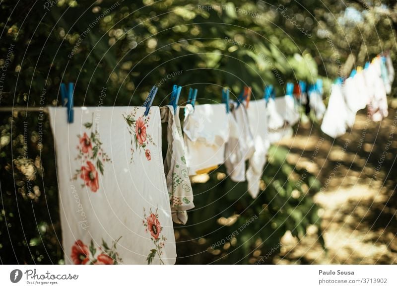 Kleider auf der Wäscheleine Bekleidung Kleidung weiß hängen Farbfoto Häusliches Leben Waschtag Wäsche waschen Sauberkeit Außenaufnahme aufhängen trocknen