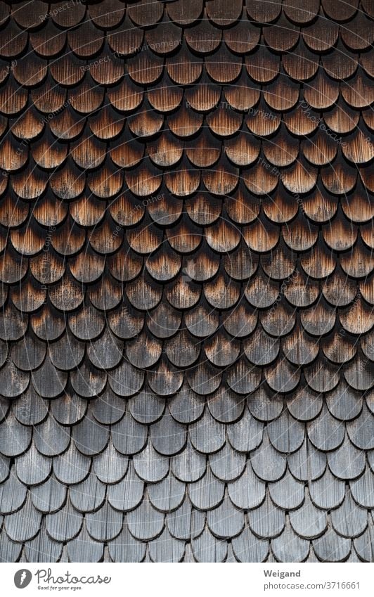 Schindeln aus Holz an altem Bauernhaus Haus Fassade Wetter braun verwittert grau Allgäu Regen Haut Schuppen Holzschindeln