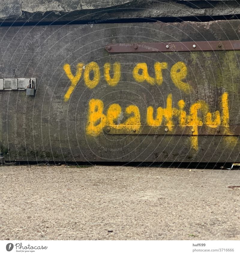 Du bist schön - you are beautiful Graffiti Botschaft Wand Aussage aussagekräftig Schriftzeichen Zeichen Schmiererei Fassade Text Tag Buchstaben Subkultur