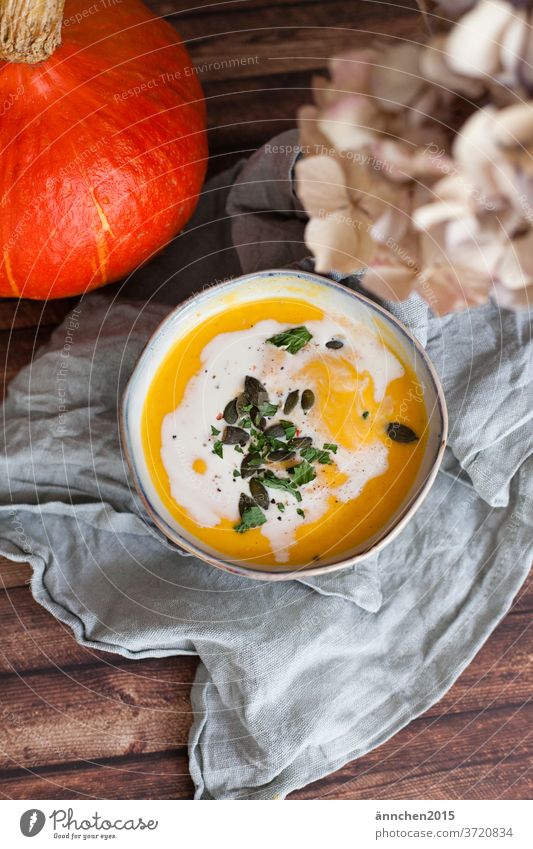 Eine Schale mit Kürbissuppe Suppe kürbis kochen essen herbst Lebensmittel Gemüse Vegetarische Ernährung orange Eintopf Menschenleer Herbst Gesundheit Halloween