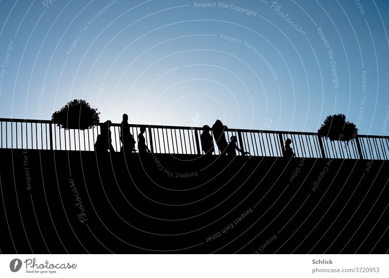 Menschen als Silhouetten im Gegenlicht vor blauem Himmel auf einer Brücke Blumenkästen Sonne mehrere Kinder Erwachsene Familie Profil weiß schwarz gehen