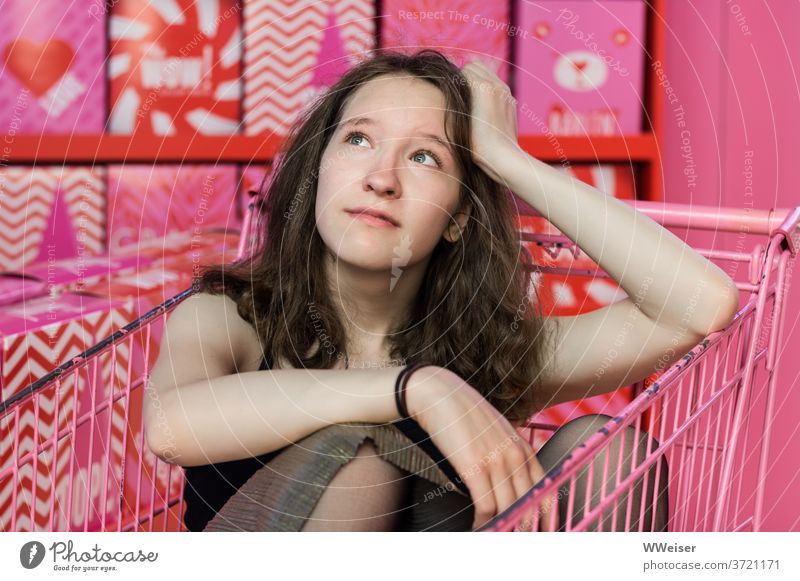 Ein junges Mädchen sitzt nachdenklich im rosa Einkaufswagen inmitten von pinken Waren Konsum Konsumverhalten Geschlechterrollen Einkaufen grell bunt überlegen