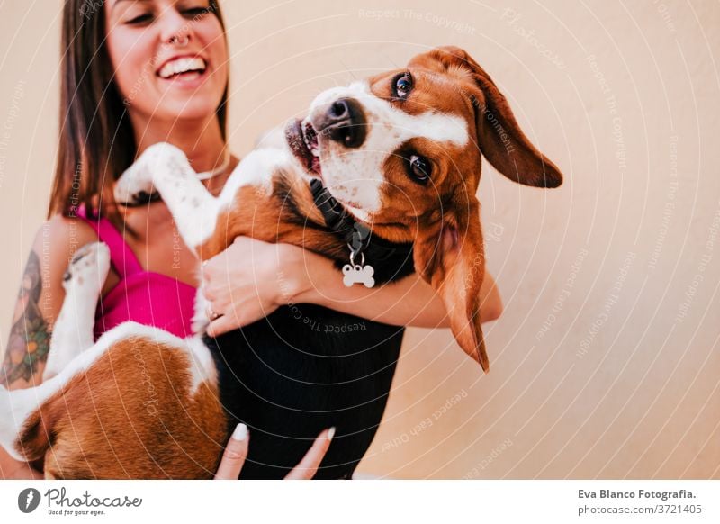 glückliche junge Frau im Freien, die mit Beagle-Hund Spaß hat. Familien- und Lebensstilkonzept. gelber Hintergrund Großstadt Liebe Umarmung urban Erwachsener