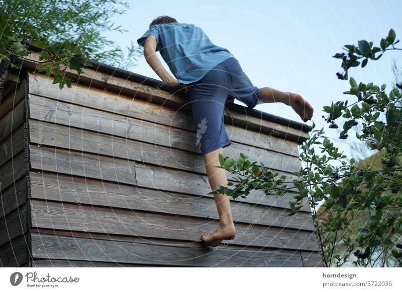 Junge klettert eine Hauswand hoch Kletern Teenager Sommer warm draußen sportlich Sport hoch hinaus hochklettern Freizeit bouldern Kletterübung