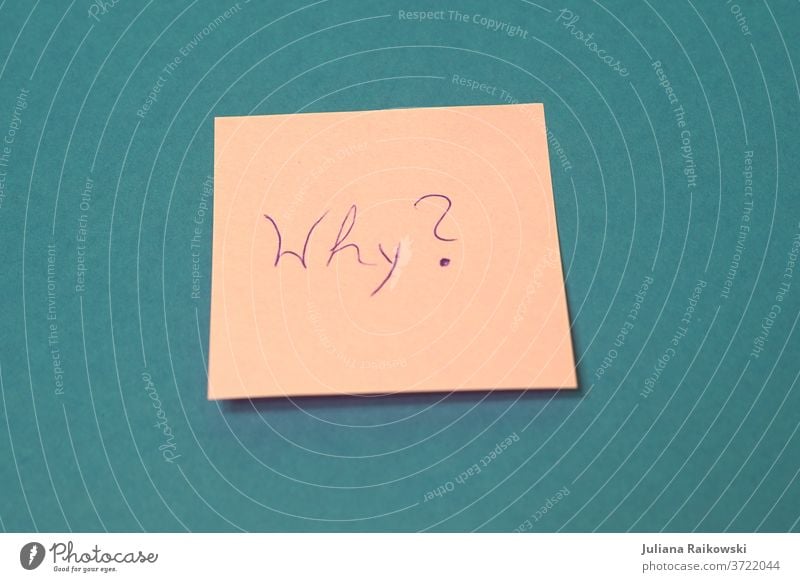 Notiz mit dem Wort "Why" Zettel Papier schreiben warum warum? Fragen Bildung Begründung Fragezeichen Farbfoto lernen Schriftzeichen rosa pink blau Innenaufnahme