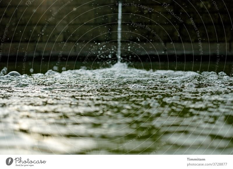Wasseroberfläche eines großen Brunnentrogs Trog Wasserperlen Zulauf Wasserstrahl Spritzer Schwache Tiefenschärfe Außenaufnahme Menschenleer Licht Lichteinfall