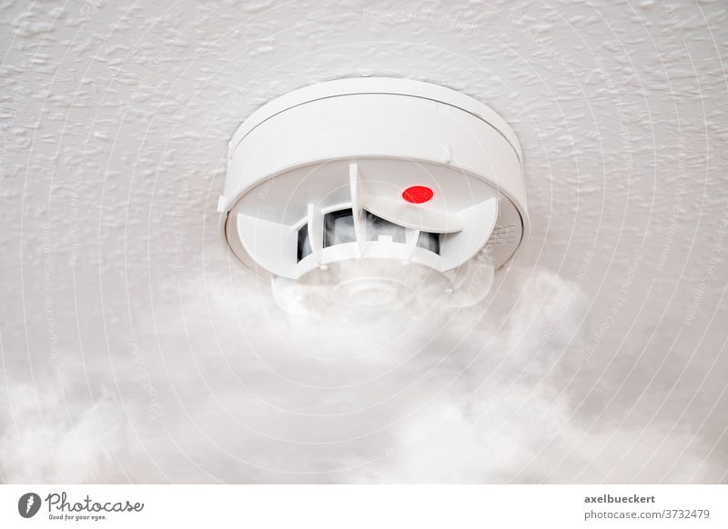 Rauchmelder oder Feueralarm mit Rauch Rauchwarnmelder feueralarm Alarm Zimmerdecke Haushalt rot Licht Sensor Schutz Prävention Sicherheit Detektor Gerät