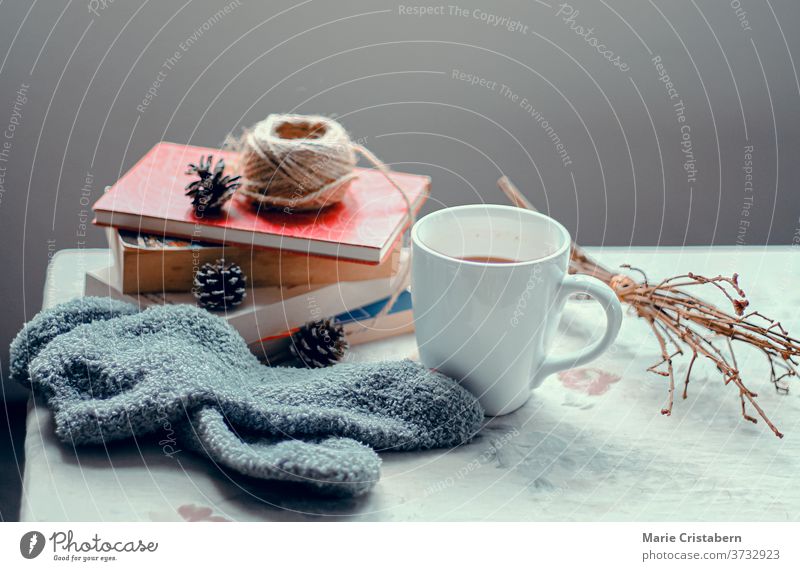 Eine Tasse Kaffee, warme Socken und Bücher, um das Konzept und die Gefühle der Wintersaison zu Hause zu zeigen zu Hause bleiben sicher bleiben covid-19