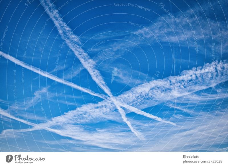 Flugzeuge zeichnen Linien in X-Form in den strahlend blauen Himmel Blauer Himmel Schönes Wetter Außenaufnahme Wolken Menschenleer Textfreiraum Klima Luft weiß