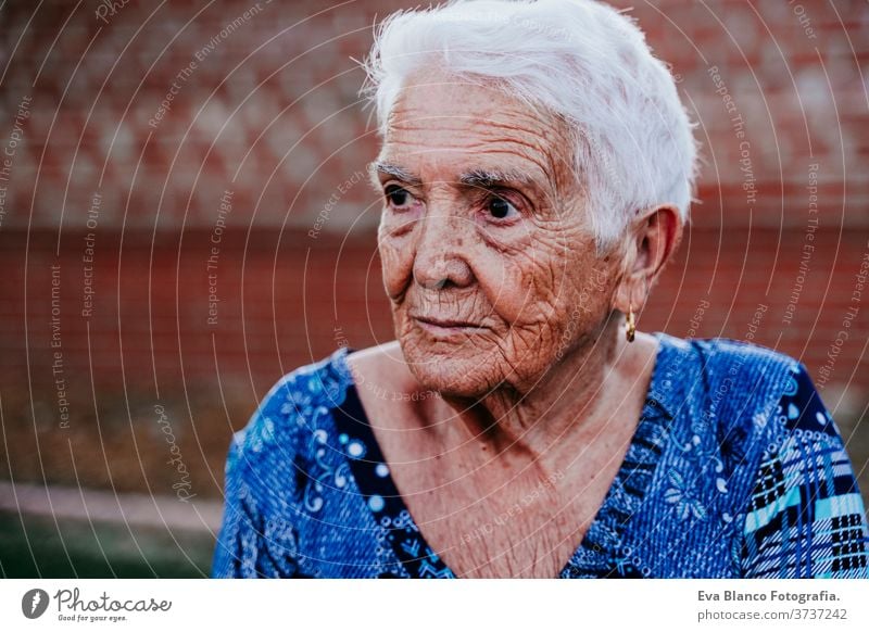 Porträt einer alten Dame in den 80er Jahren, die sich im Freien entspannt Frau älter heimwärts garrotte weiße Haare graue Haare mental Einsamkeit nachdenklich
