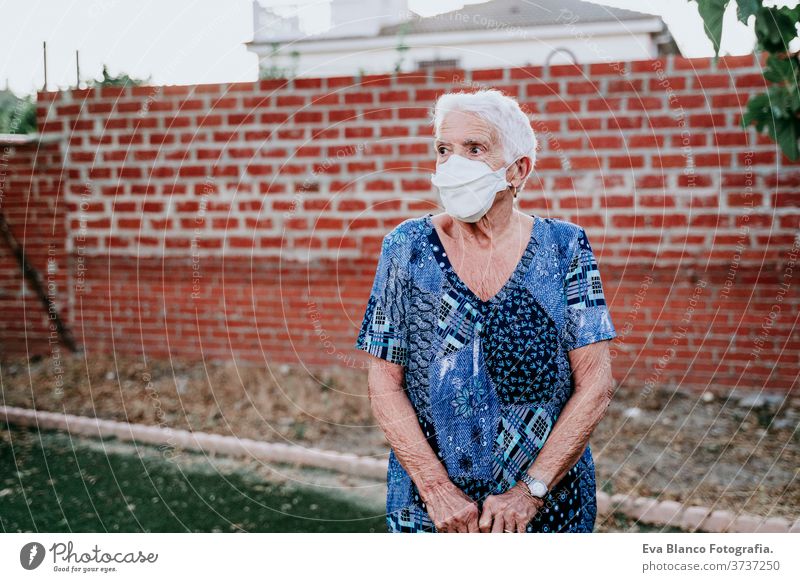 Porträt einer alten Dame mit Schutzmaske. neu normal alte Dame Corona-Virus Holunderbusch 80s Großmutter Frau älter heimwärts weiße Haare graue Haare mental