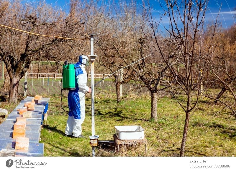 Gärtner mit Schutzoverall bestreut Obstbäume mit langer Spritze, Bienenstand ist im Obstgarten Aerosol landwirtschaftlich Ackerbau Bienenkorb Bienenstock
