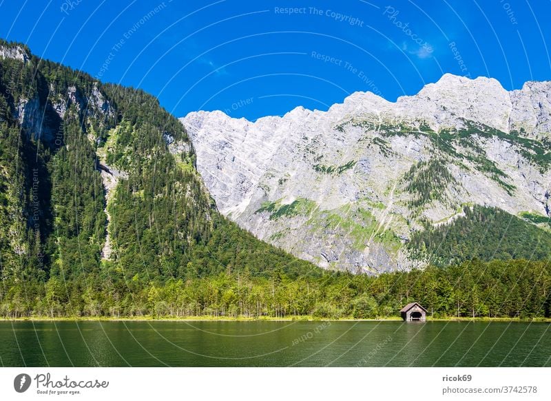 Blick auf den Königssee im Berchtesgadener Land See Alpen Gebirge Bayern Berg Baum Wald Landschaft Natur Bootshaus Bootsschuppen Wolken Himmel grün blau Urlaub