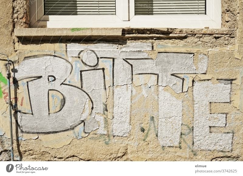 "BITTE" steht mit großen weißen Druckbuchstaben unter einem Fenster an der maroden Wand Bitte Schrift Schilder & Markierungen Graffiti Text Mitteilung