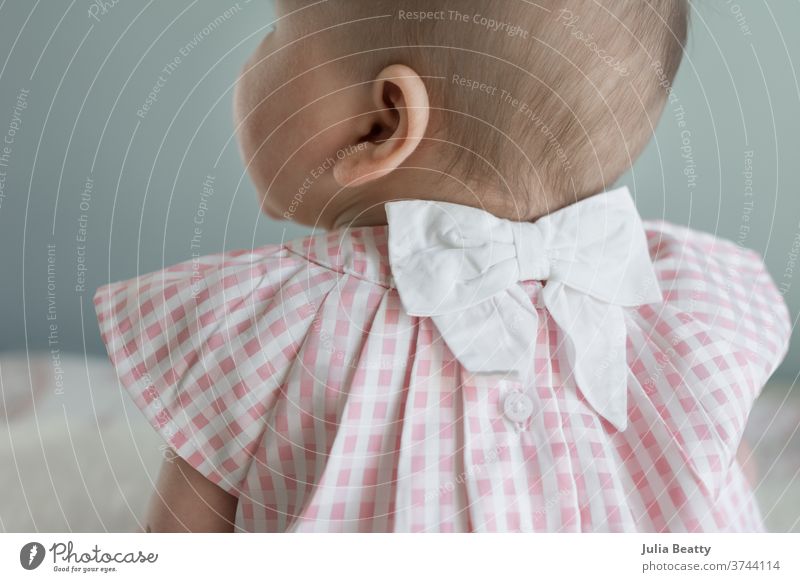 kleines Mädchen in rosa Gingham-Kleid mit Schleife Baby Säugling Kind 0-12 Monate Kindheit niedlich offen Knöpfe Haare & Frisuren Babyhaare Behaarung prüfen
