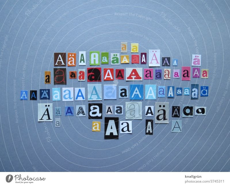 Aa Buchstaben Typographie Schriftzeichen Wort Text Zeichen anonym mehrfarbig Collage ausgeschnitten Zeitschrift Zeitung Printmedien Symbole & Metaphern Papier