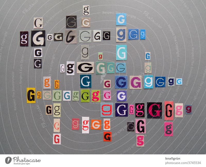 Gg Buchstaben Typographie Schriftzeichen Wort Text ausgeschnitten Printmedien mehrfarbig Zeichen anonym Zeitschrift Collage Symbole & Metaphern Papier