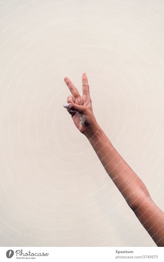 Nahaufnahme V Zeichen Finger weißer Hintergrund gesichtslos anonym Arme copyspace v-Zeichen Handbewegung gestikulieren Person eine Symbol zeigen Mädchen modern