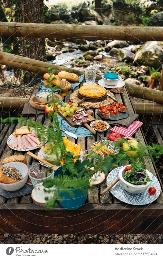 Tisch mit verschiedenen Lebensmitteln für Picknick im Wald sortiert Speise dienen Wälder geschmackvoll valle del jerte Cacere Spanien gemütlich Mahlzeit