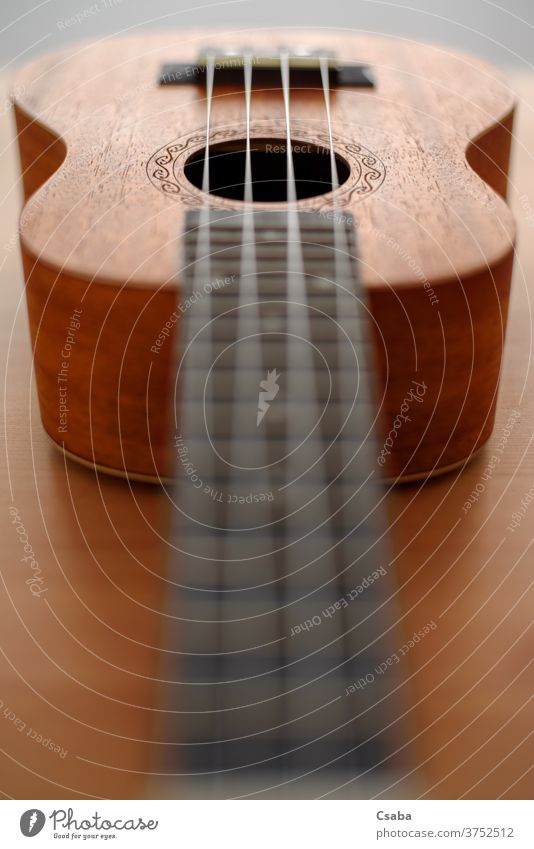 Braune Ukulele mit geringer Schärfentiefe Instrument akustisch hölzern Musical Schnur braun Holz Gitarre Musik Hintergrund Rosette hawaiianisch Objekt Kunst