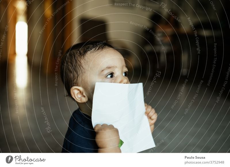 Kleinkind mit einem weißen Papier in der Hand Kind Kindheit Kaukasier 0-12 Monate Baby Farbfoto niedlich Mensch schön Tag klein Glück Menschen zu Hause