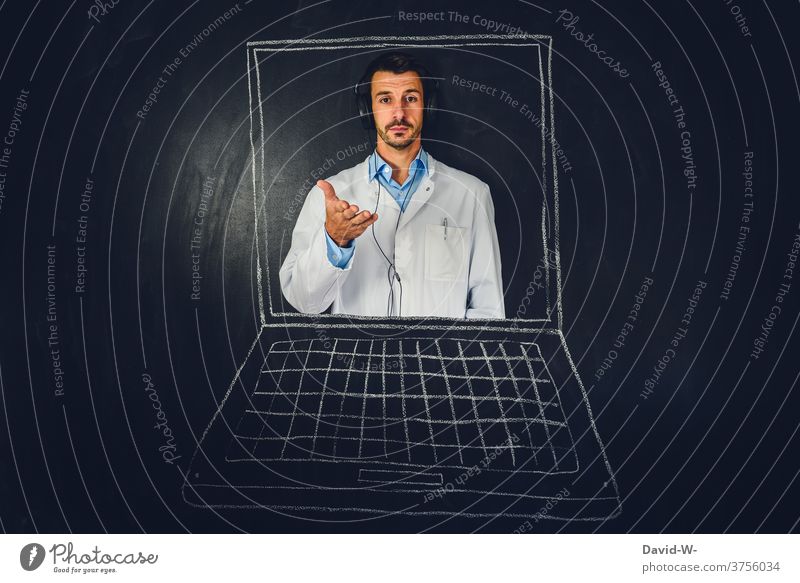 Arzt im Laptop Telemedizin Gesundheitswesen beratung online Medizin Behandlung Internet Krankenhaus übertragung Tafel Kreide