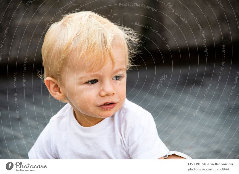 Porträt eines blonden Jungen Baby Hintergrund Körperteil charmant Kind Nahaufnahme Textfreiraum Tag Tageslicht Ausdruck Gesicht Typ Behaarung Kopf Wegsehen