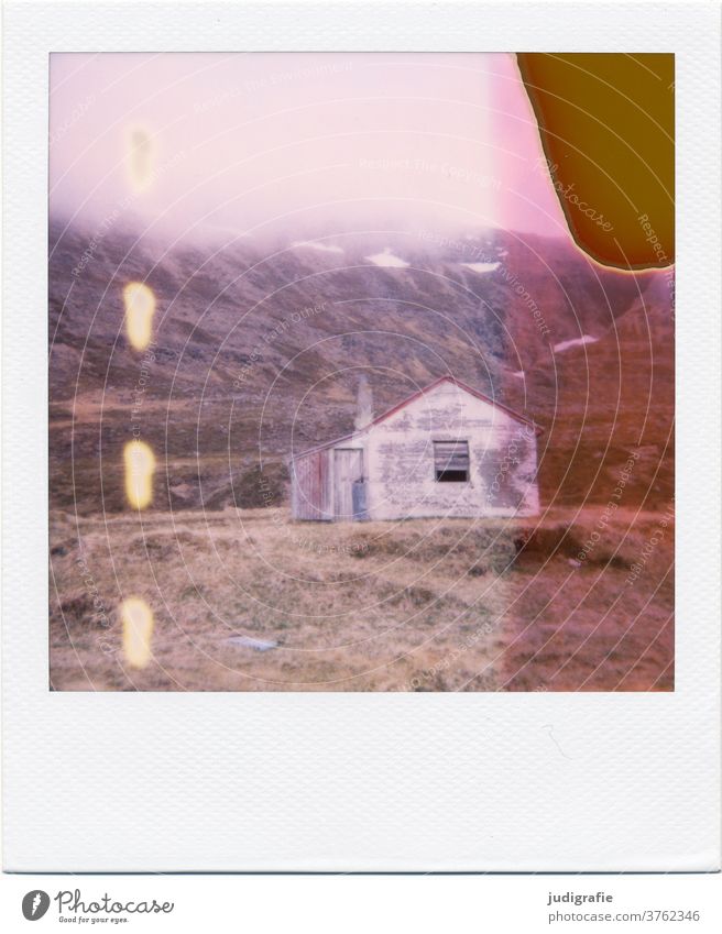 Polaroid eines isländischen Hauses Island Landschaft wohnen Einsamkeit Gebäude Außenaufnahme Menschenleer Farbfoto Hütte Wiese verlassen
