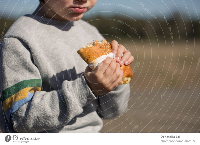 Kind isst Sandwich im Freien Appetit & Hunger Amuse-Gueule Junge Brot Frühstück calzone Kohlenhydrat Kaukasier Nahaufnahme lecker essen Essen schnell Fast-Food