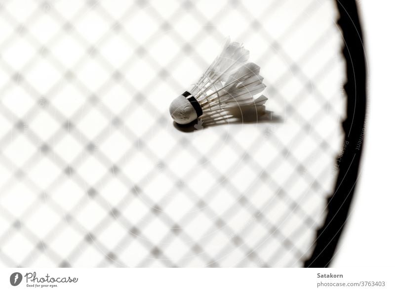 Badminton-Schläger und Federball Remmidemmi Sport Objekt vereinzelt weiß Hintergrund Spieler spielen Aktivität aktiv Konkurrenz im Innenbereich Gerät