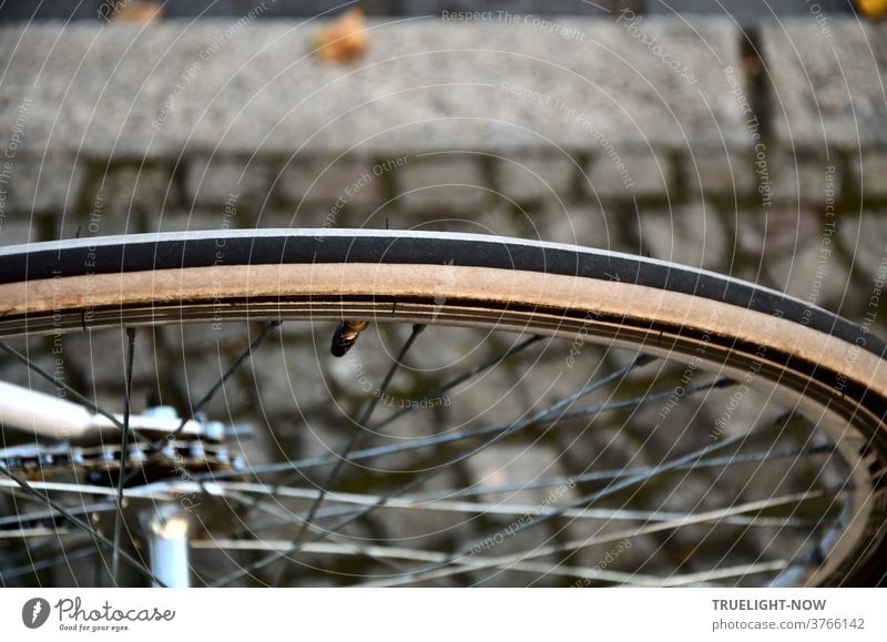 Hipster Fahrrad Detail vom Hinterrad mit farbigem Reifen, einem Stück Nabe mit Kette auf Zahnrad, Speichen mit Ventil, auf grauen Pflastersteinen Bike