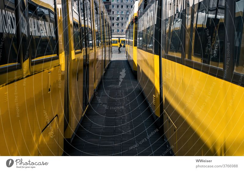 Straßenbahnen von allen Seiten und eine passend gekleidete Frau gelb Berlin Tram Verkehr urban Person Passant Perspektive Tunnelblick Fenster Fluchtpunkt