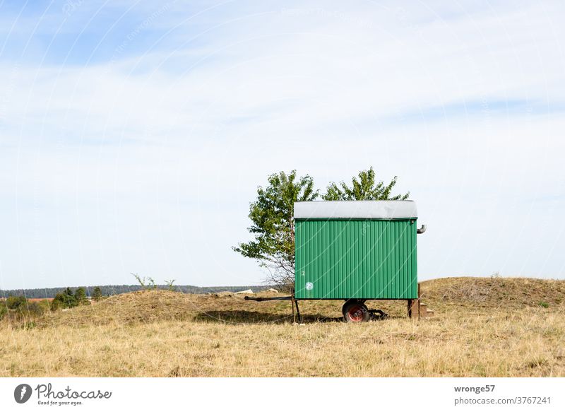 Ein kleiner grüner Anhänger steht auf einer abgegrasten Rasenfläche und wartet auf sein Schäferstündchen Bauwagen Außenaufnahme Farbfoto Trockenrasen