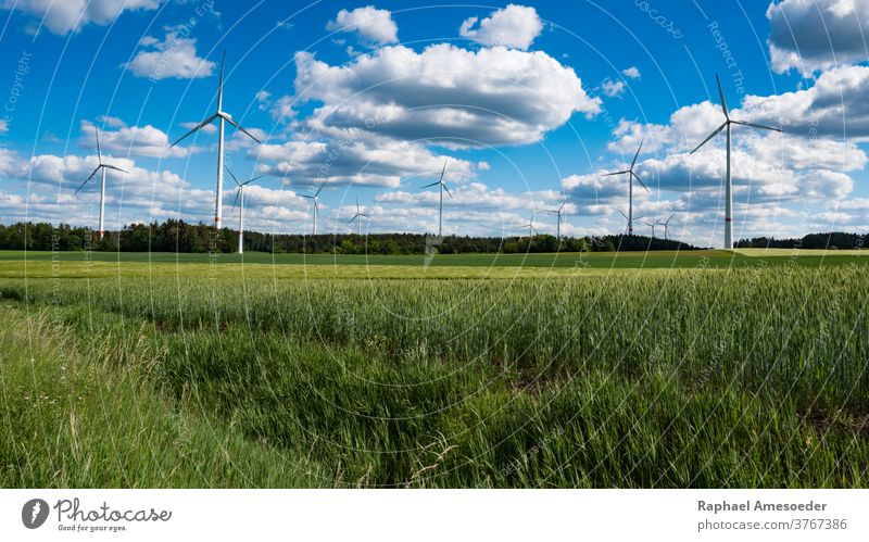 Zukunft der Windenergie integriert in die Natur Elektrizität Turbine regenerativ Erzeuger alternativ elektrisch Generation Energie Landschaft blau Wolken Tag