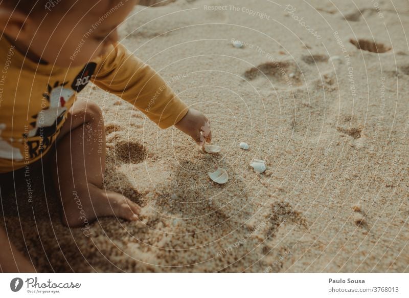 Kleinkind spielt mit Muscheln Kind Kindheit Strand Sand Sandstrand Panzer Sommerurlaub Ferien & Urlaub & Reisen Muschelschale Natur Außenaufnahme Meer