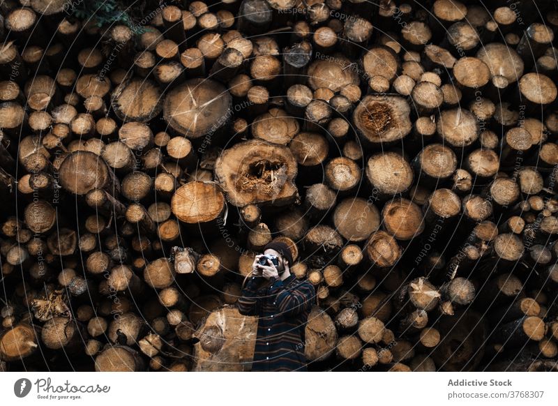 Fotograf nimmt Bild in der Nähe von Holzstämmen Fotografie Mann fotografieren Fotoapparat Totholz Holzstapel reisen Waldgebiet schießen männlich hölzern Hobby