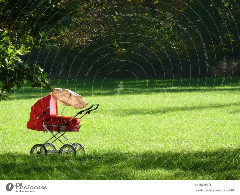 Sonntagnachmittagparkidylle Sommer Garten Park Wiese Kinderwagen Sonnenschirm Erholung fahren liegen schaukeln schlafen alt Freundlichkeit grün rot
