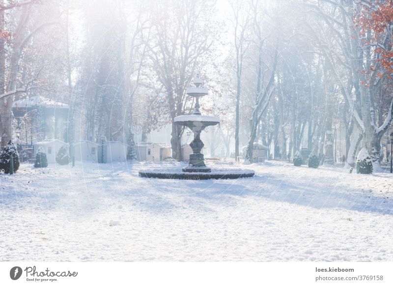 Brunnen- und Adventsstände des Zrinjevac-Parks in Zagreb im Winter bei Schnee und Sonnenschein, Kroatien, Europa Springbrunnen weiß Weihnachten Großstadt kalt