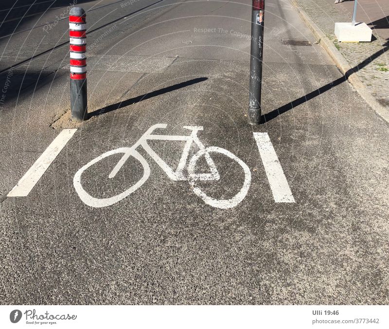 Rechtsfahrverbot?    Straßenmarkierung für Radfahrer. Fahrradweg Radweg Fahrradreifen Straßenrand Fahrradfahren Markierungslinie Pfosten Hauptstraße